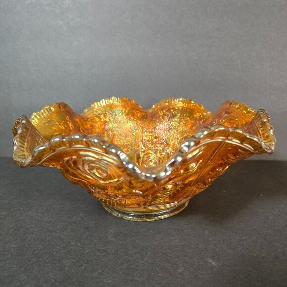 Vtg Imperial Glass American Beauty Open Rose Marigold Riffle Carnival Glass Bowl - Picture 7 of 14